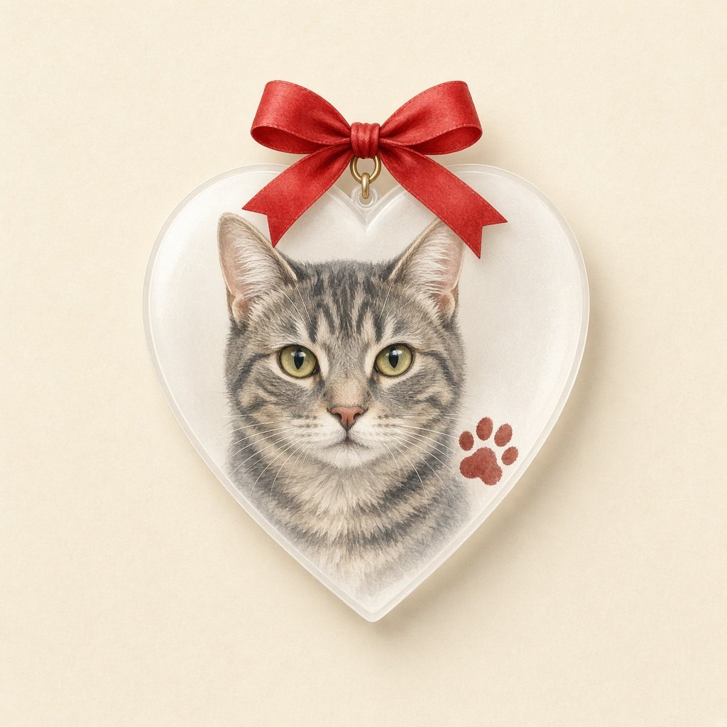 Example watercolor-style portrait of a gray cat on a heart frosted acrylic ornament. Not a customer photo.