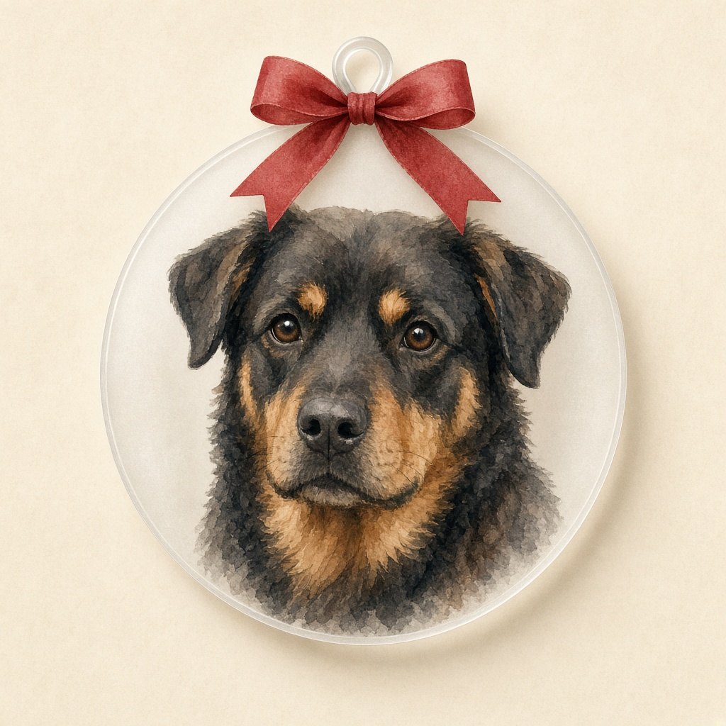 Example watercolor-style portrait of a black and tan dog on a round frosted acrylic ornament. Not a customer photo.