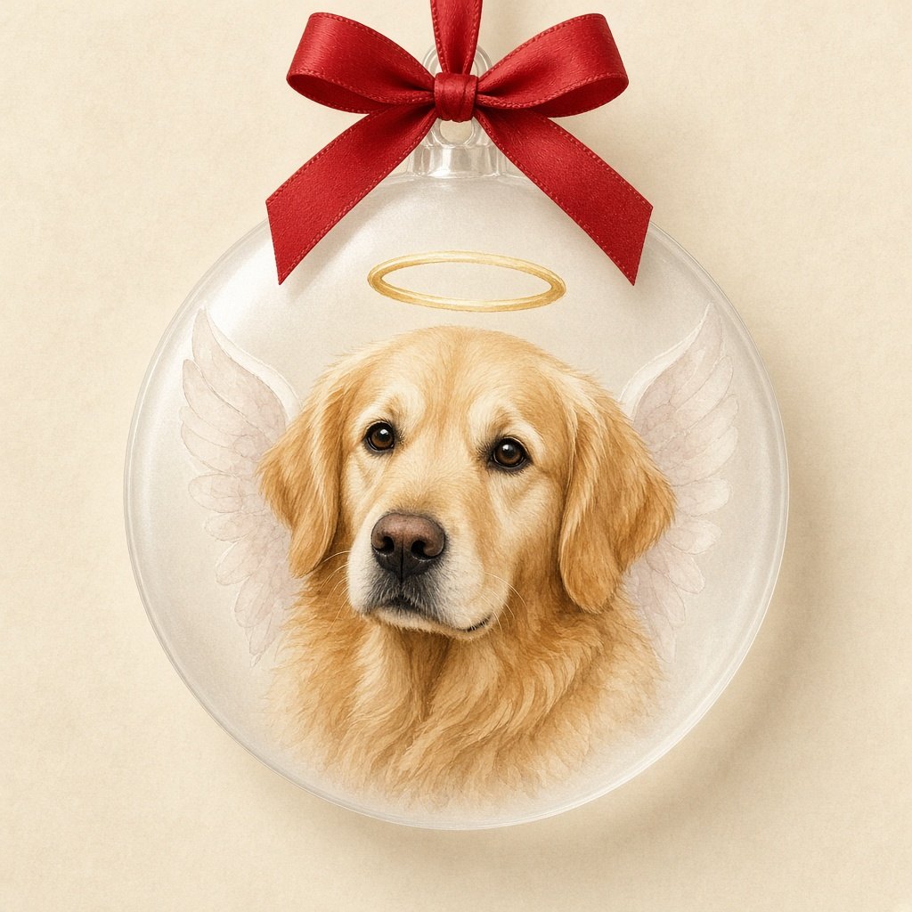 Example watercolor-style portrait of a golden dog on a round frosted acrylic ornament. Not a customer photo.